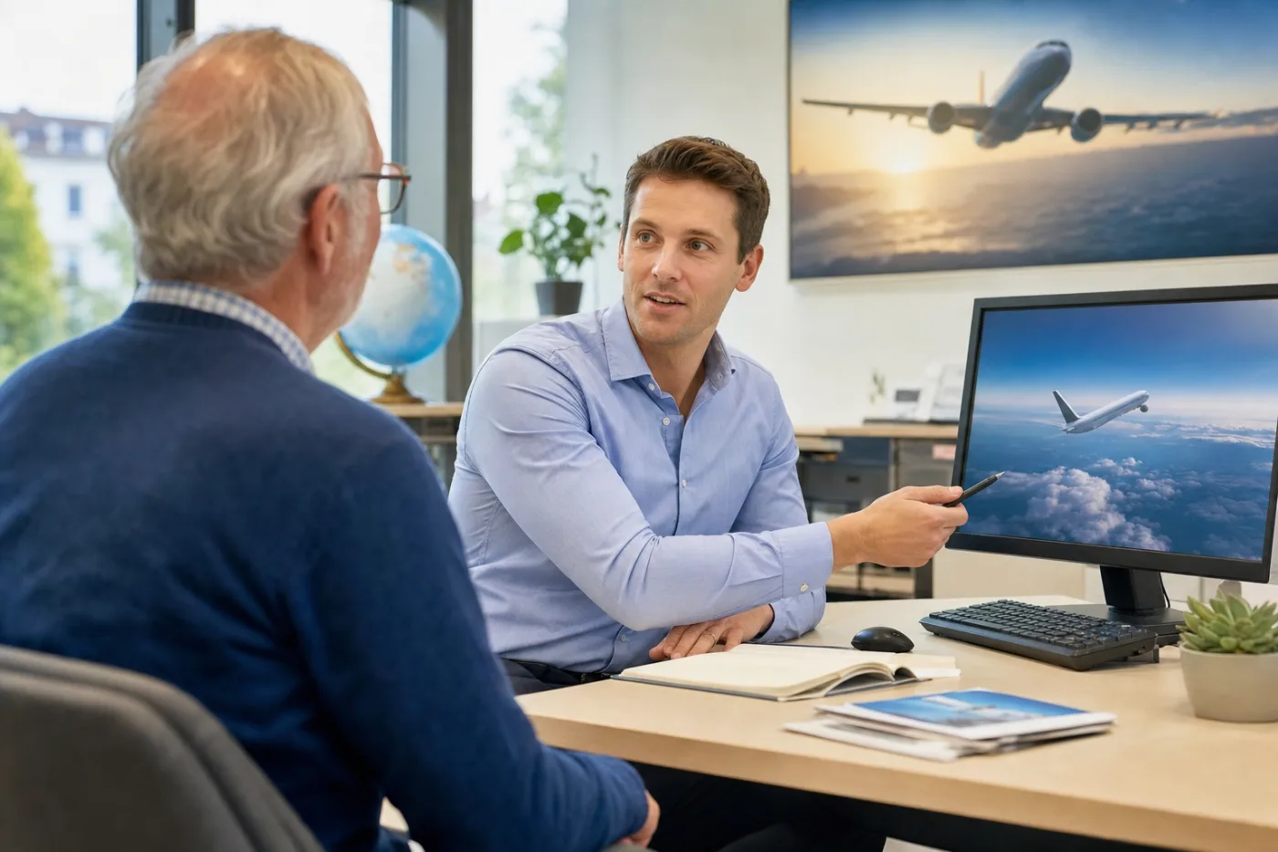 A travel agent talking with a customer across a desk