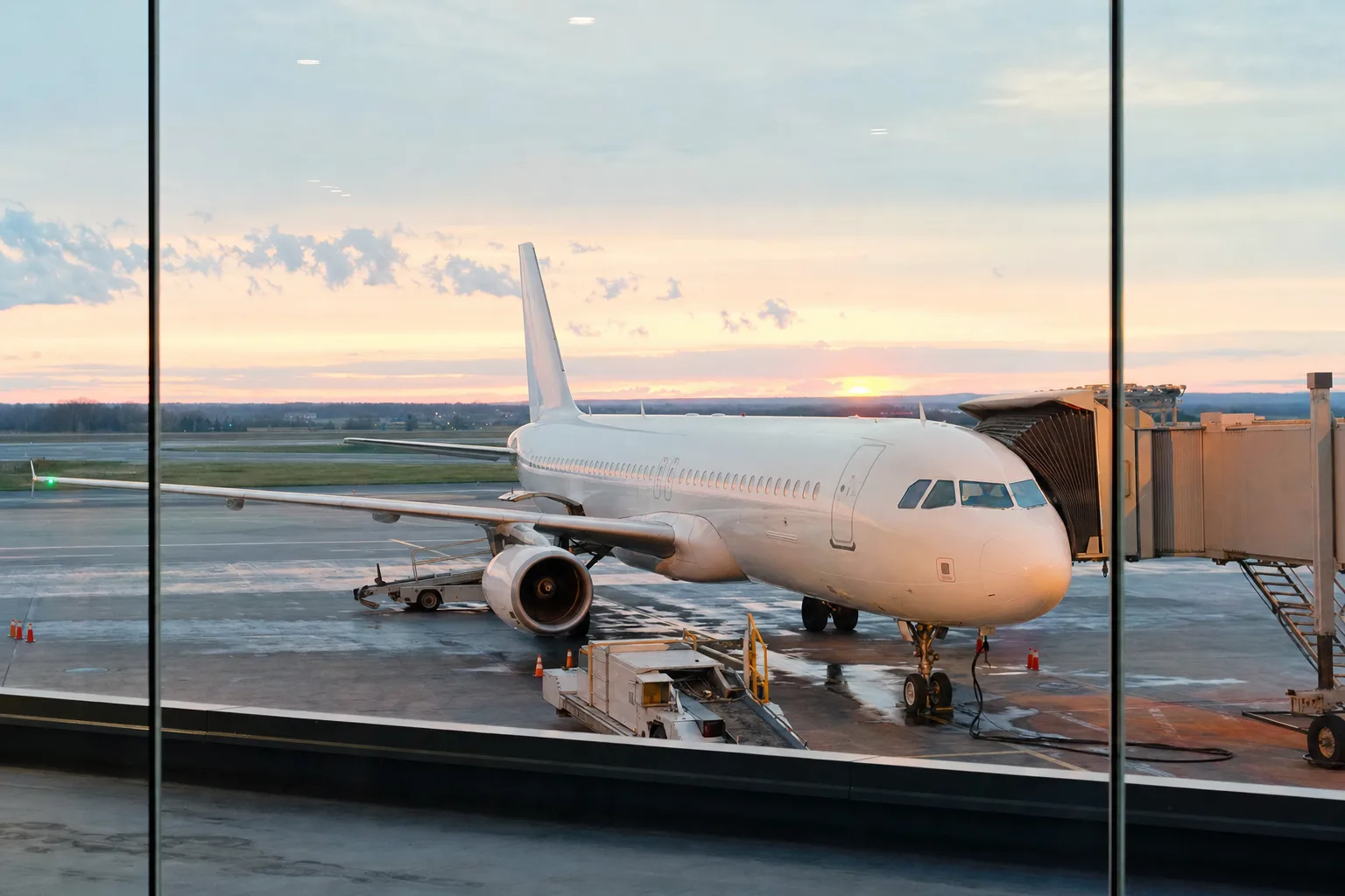 An airliner on stand at dawn seen from the terminal window